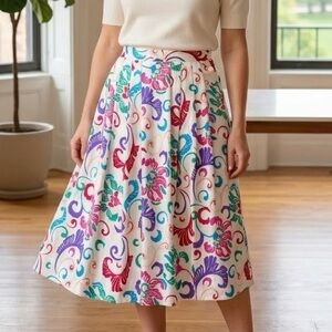 Retro Multi-Colour Pleated Floral Skirt High Waisted Vintage 80s Dopamine Boho